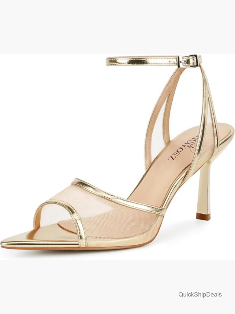 Faux Leather Mesh Heeled Sandals With Ankle Strap And Open Toe